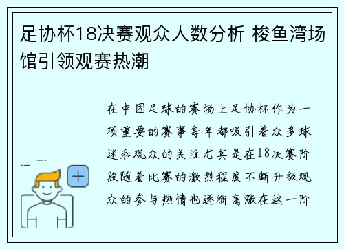 足协杯18决赛观众人数分析 梭鱼湾场馆引领观赛热潮