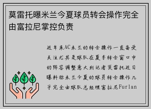 莫雷托曝米兰今夏球员转会操作完全由富拉尼掌控负责