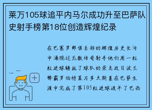 莱万105球追平内马尔成功升至巴萨队史射手榜第18位创造辉煌纪录